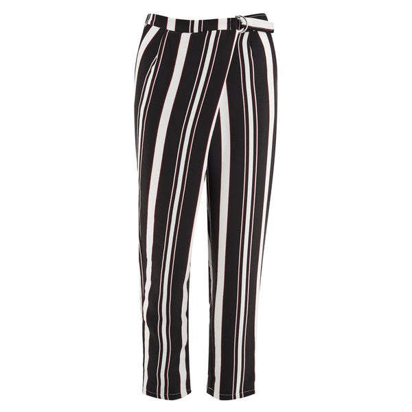 Lavish Alice Women's Stripe Crossover D-Ring Peg Leg Trousers - Black/Cream/Burgundy