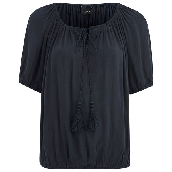 VILA Women's Licia Short Sleeve Blouse with Tie Detail - Total Eclipse