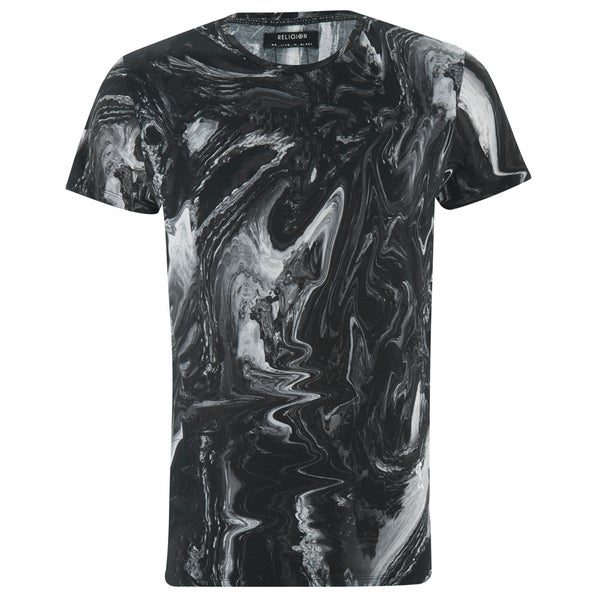 Religion Men's Marbled Print Crew Neck T-Shirt - Black