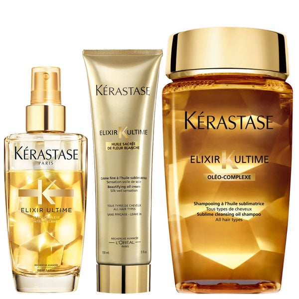 Kérastase Elixir Ultime Huile Lavante Bain 250ml, Crème Fine 150ml and Fine Hair Oil 100ml Bundle