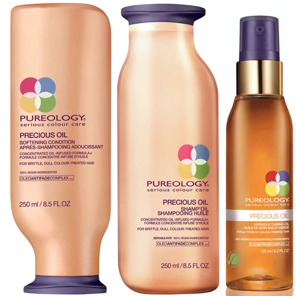 Pureology 珍貴精油洗髮水、護髮素（250 毫升）和絲柔護理油（125 毫升）