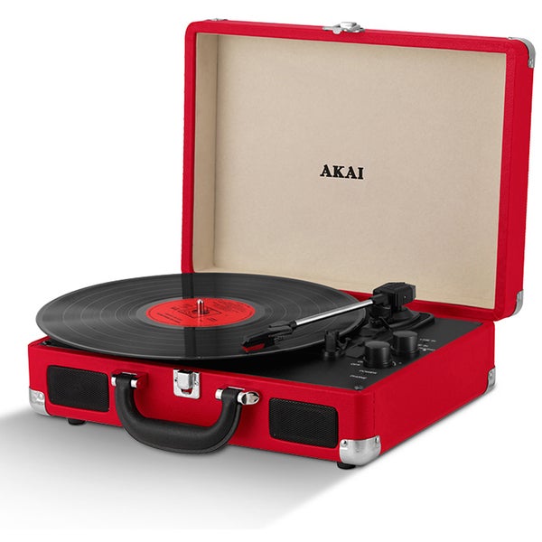 Akai Rechargeable Portable Briefcase Turntable with Built-In Speaker - Red