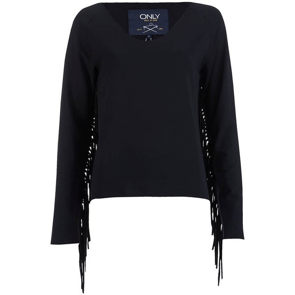 ONLY Women's Madge Long Sleeve O-Neck Tassel Sweatshirt - Black