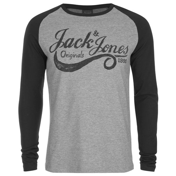 Jack & Jones Men's Originals Stylo Raglan Long Sleeve Top - Light Grey Marl/Black