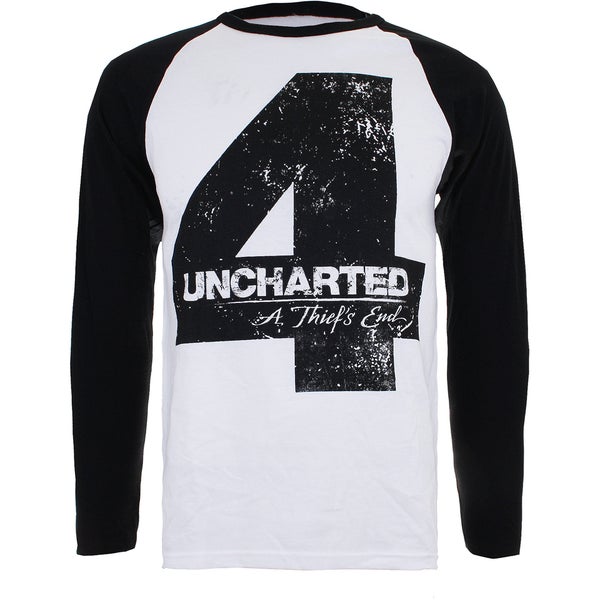 T-shirt Homme Manches Longues Uncharted 4 Effet Usé Raglan - Noir/Blanc