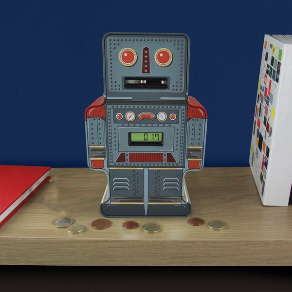 Tin Robot Counting Money Box - Grey/Red