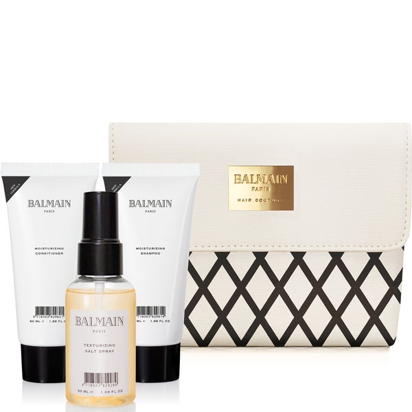 Le sac de cosmétique Balmain Hair SS16 avec le shampoing (50ml), l'après-shampoing (50ml) et le spray Salt (50ml)
