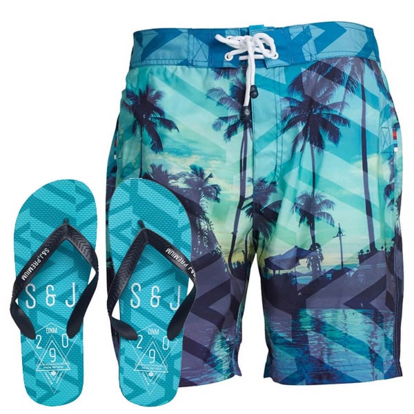 Smith & Jones Men's Onshore Swim Shorts & Flip Flops - Peacock Blue