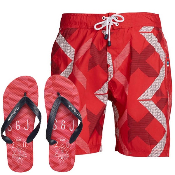 Smith & Jones Men's Diffraction Swim Shorts & Flip Flops - Beet Red