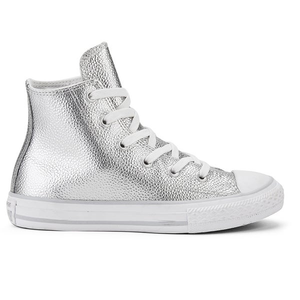 Converse Kids' Chuck Taylor All Star Metallic Leather Hi-Top Trainers - Pure Silver/White/White