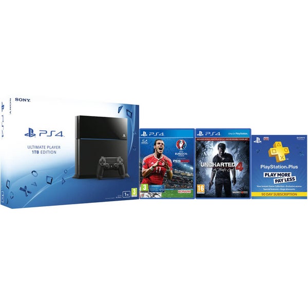 Sony PlayStation 4 1TB Console - Includes PES: UEFA Euro 2016, Uncharted 4: A Thief’s End + PlayStation Plus - 90 Days