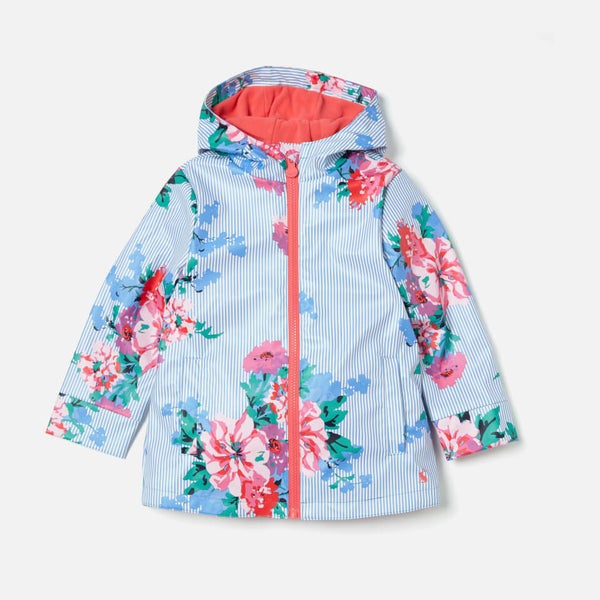 Joules Girls Raindance Waterproof Coat Sky Blue Stripe Floral TheHut