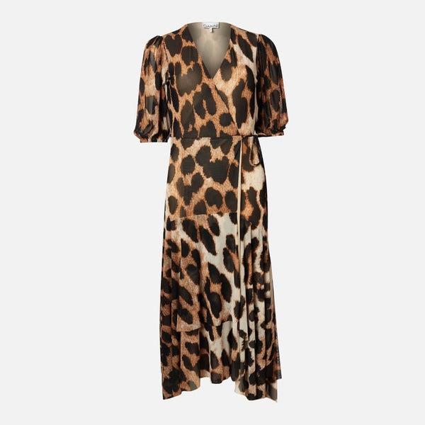 Ganni Women's Printed Mesh Wrap Dress - Maxi Leopard - Free UK Delivery ...