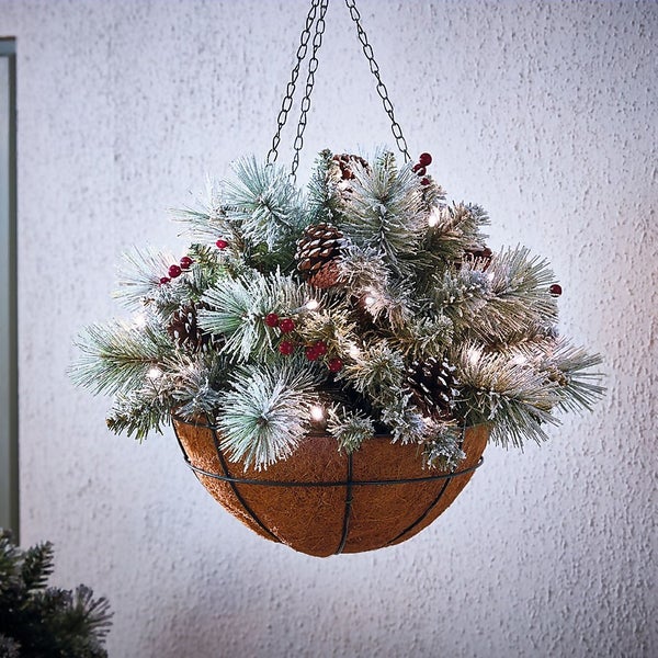 Prelit Snowy Christmas Hanging Basket Battery Operated