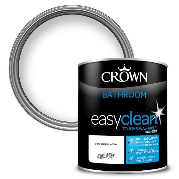 Crown Easyclean Bathroom Paint Pure Brilliant White - 1L | Homebase