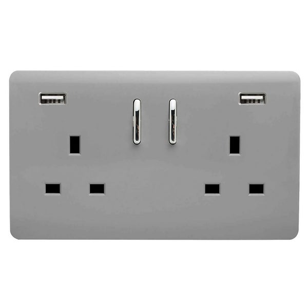 Trendi Switch 2 Gang 13Amp Double Socket and 2 USB Ports Light Grey