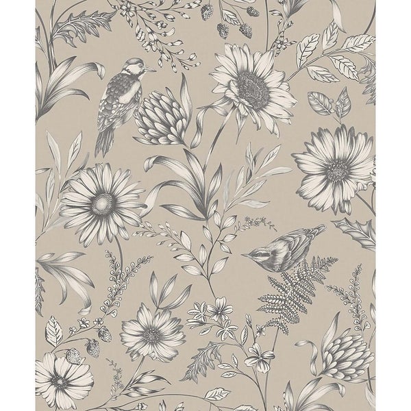Arthouse Botanical Songbird Floral Smooth Glitter Natural Wallpaper