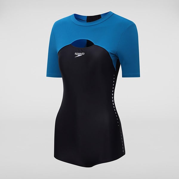 Women's Short Sleeved Low Leg Swimsuit Black/Blue Speedo