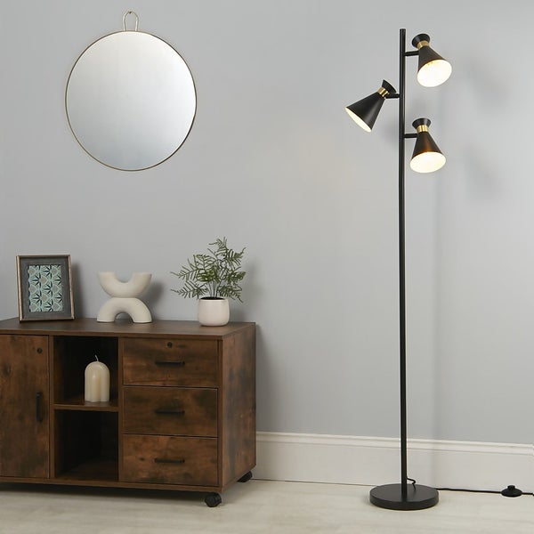 Balham 3 Light Floor Lamp Black & Brass Homebase