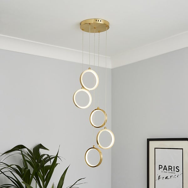 Lenox LED 5 Ring Cluster Pendant Ceiling Light Brass Homebase
