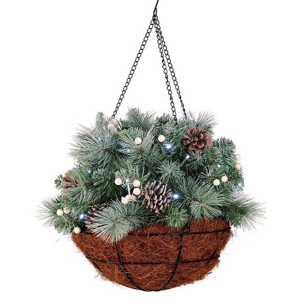 Prelit Snowy Christmas Hanging Basket Battery Operated