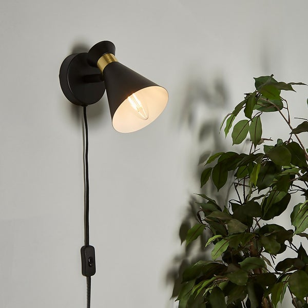 Balham Plug In Wall Light Black & Brass Homebase