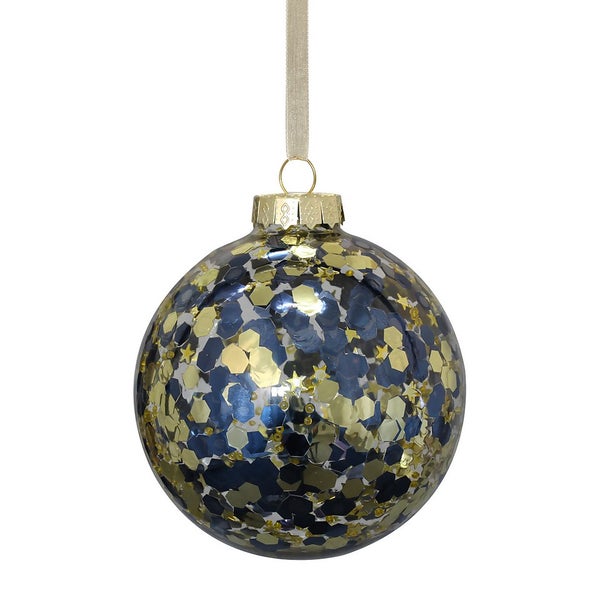 Blue & Gold Confetti Glass Tree Bauble 100mm Homebase