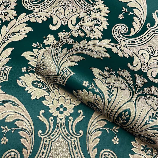 Belgravia Décor Amara Damask Textured Green Wallpaper Homebase