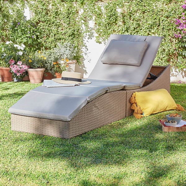 Natural Folding Rattan Sun Lounger Homebase
