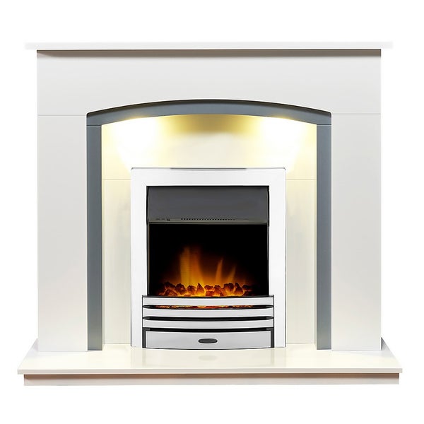 Adam Savanna Fireplace in Pure White & Grey with Downlights & Eclipse