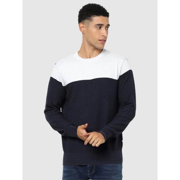 Navy Blue and White Colourblocked Cotton Pullover Sweater (CESQUARE ...