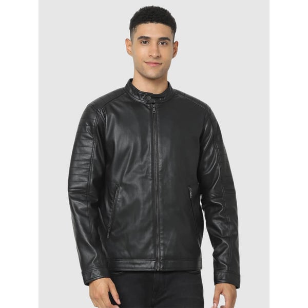 Black Faux Leather Regular Fit Jacket (CUBIKER) | Celio
