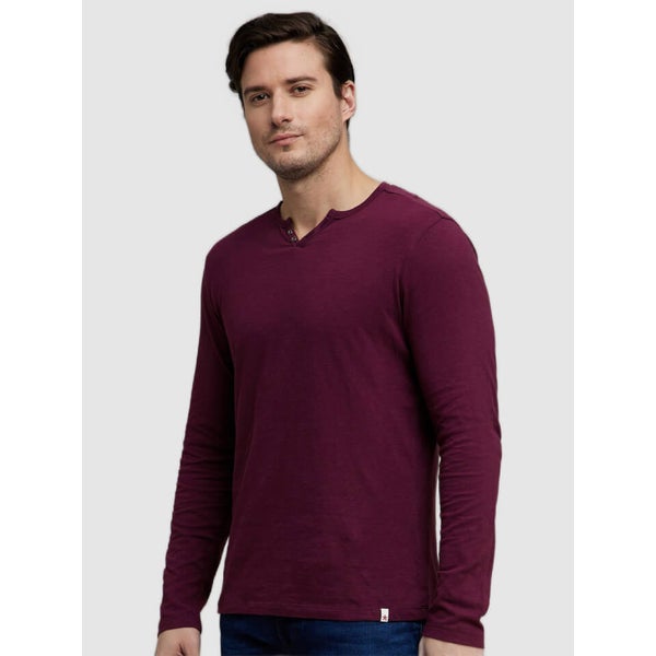 Burgundy Henley Neck Cotton Tshirt (ECABELONG1) Celio