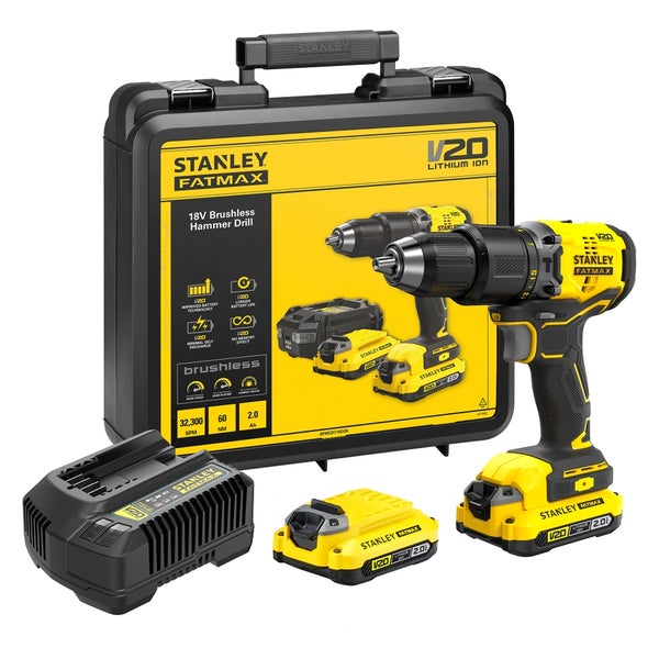 STANLEY FATMAX V20 18V Cordless Brushless Combi Drill with 2 x 2.0Ah LithiumIon Batteries and