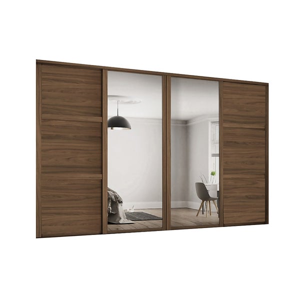 Shaker 4 Door Sliding Wardrobe Kit Walnut Panel / Mirror with Walnut
