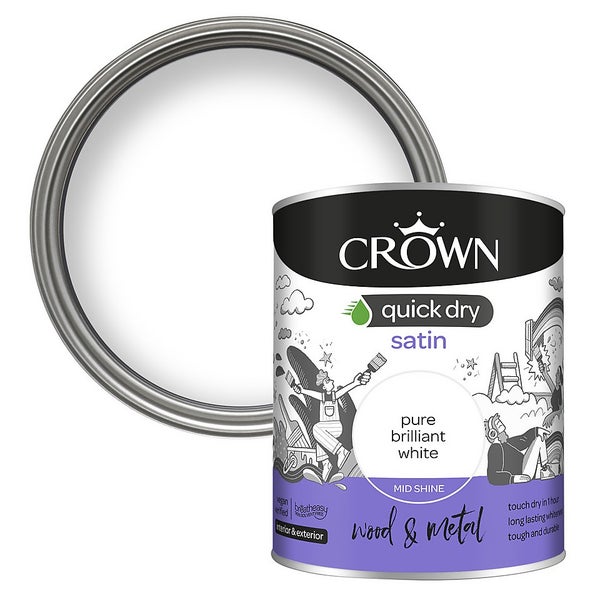 Crown Quick Dry Satin Paint Pure Brilliant White 750ml Homebase