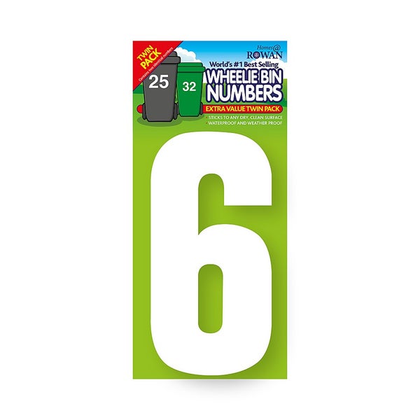 Pack of 2 Self Adhesive Wheelie Bin Numbers White Number 6 Homebase