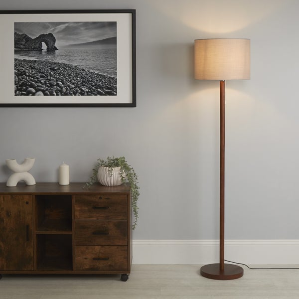 Dark Wood Floor Lamp with Grey Shade Homebase