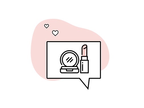 Illustration of speech bubble containing picture of makeup products