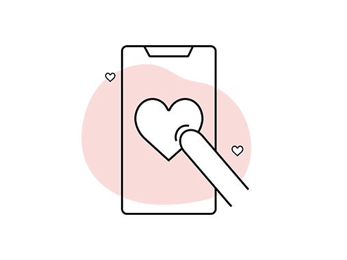 Line illustration of a cell phone displaying a heart icon and finger tapping the heart