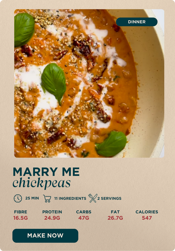 Marry Me Chickpeas recipe - make now. (chickpeas in a creamy tomato sauce with basil leaves on top)