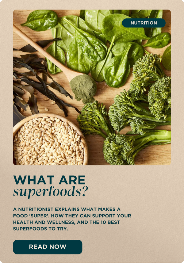 'What are superfoods?' with an image of broccoli, spinach and a scoop of Myvegan Green Superfood Blend powder