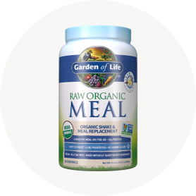 Una confezione blu di Raw Organic Meal di Garden of Life su uno sfondo bianco.