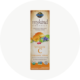 Vitamina C in spray mykind Organics di Garden of Life su uno sfondo bianco.