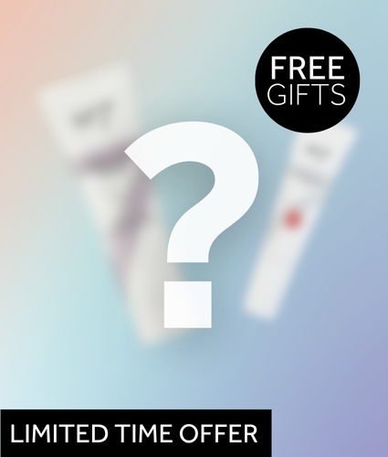 Limited time offer: Free Gifts. Image shows 2 blurred out products with a large ? over the top.