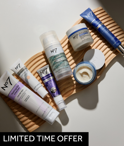 No7 Skincare products lying on a wooden plank
