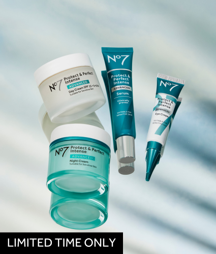No7 Protect & Perfect Skincare on a mirror background