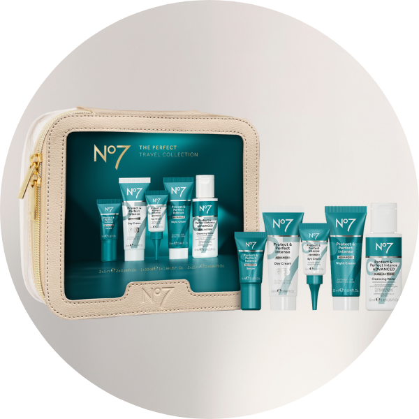 Image of a selection of Protect and Perfect items packaged with a clear make up bag. 