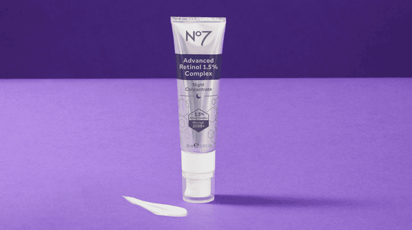 No7 Advanced Retinol 1.5% Complex on a purple background