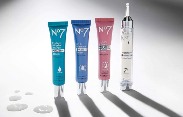 Four No7 skincare products brightly backlit